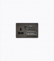 Knightsbridge Flat plate switched socket with quad USB chargerGunmetal